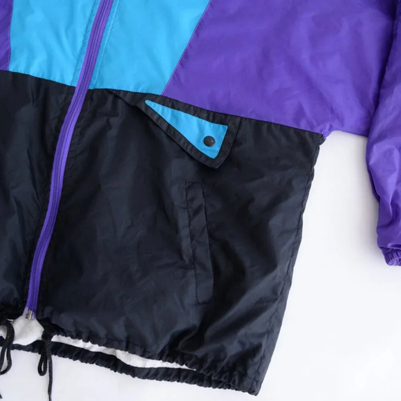80S Active Spirit Purple Teal Zip Up Nylon W/ Hidden Hood Lined Windbreaker Coat - Picture 6 of 14